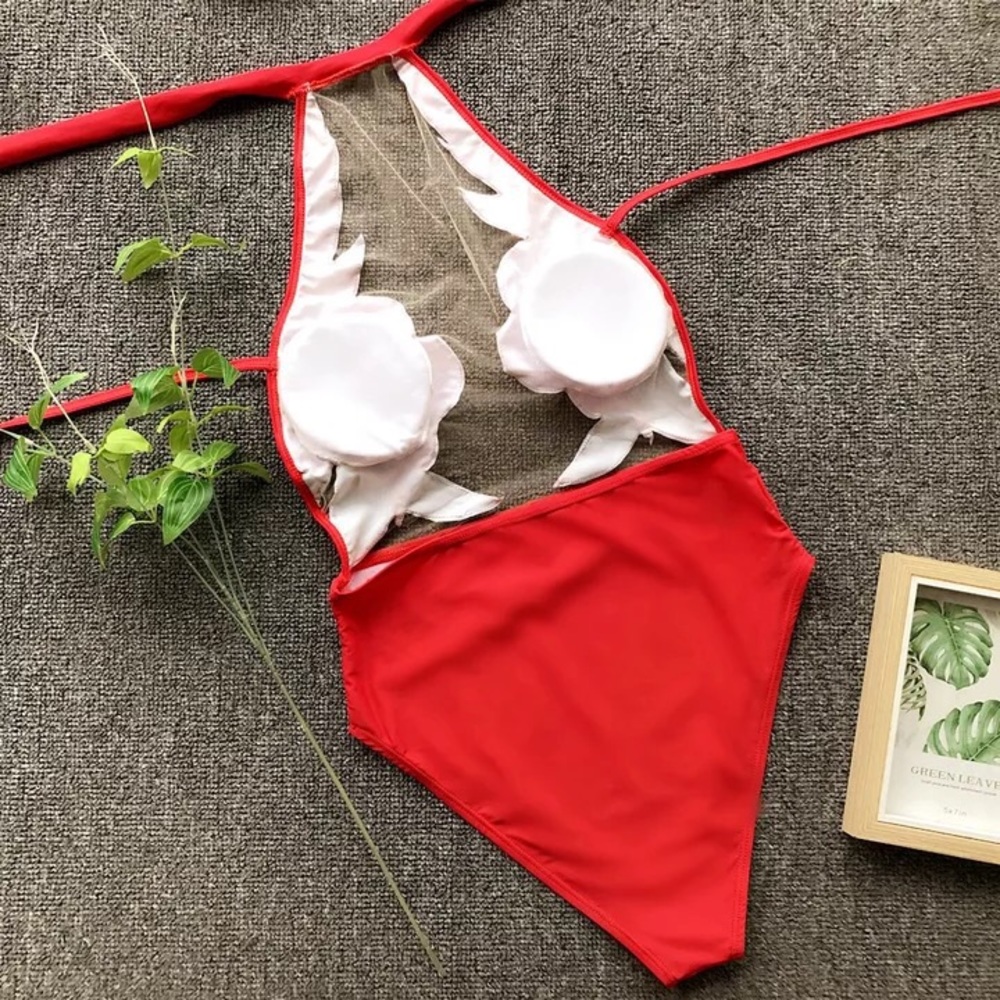 Red Floral & Mesh Swimsuit - Picture 4 of 6